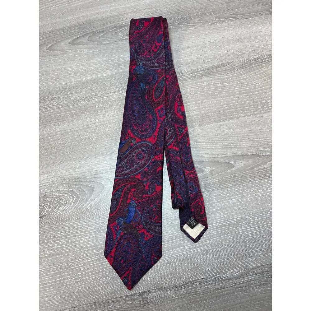 Vintage Givenchy Monsieur Men's All Silk‎ Tie- Italy- Subdued Parrots- Blue Red